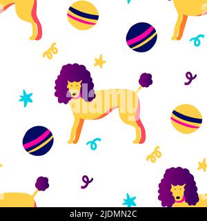 Dog and ball funky seamless vector pattern. Cute pet poodle Stock Vector