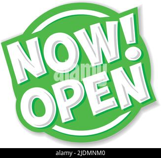 Now open door sign or web banner in comic style. Vector on transparent ...