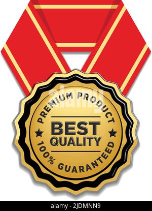 Premium product quality guarantee. Vector gold badge with red ribbon on transparent background Stock Vector