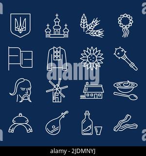 Ukraine icons collection in line style. Ukrainian traditional symbols. Vector illustration. Stock Vector