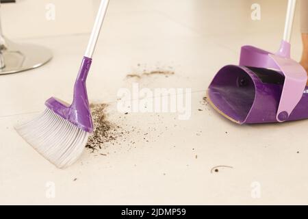 Broom with dirt by dustpan on tiled floor at home Stock Photo