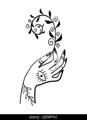 Female hand with plant, line drawn icon. Stock Vector