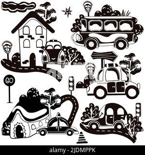 Set black and white composition with of different types transport, traffic signs, tree and other. Icon for your design. Vector illustration. Stock Vector
