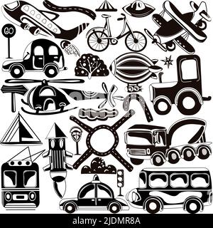 Set black and white of different types of road, air and underwater transport.Police car, plane, cargo automobile, rocket, bicycle, traffic signs and more.Icon ideal for postcards, posters.Vector. Stock Vector