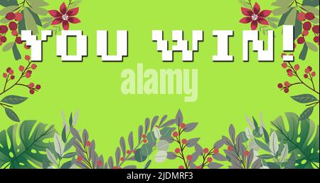 Image of you win text in white letters over flowers on green background Stock Photo