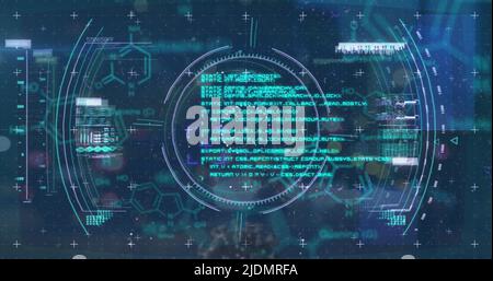 Image of scope scanning and virus cell over data processing Stock Photo