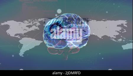 Image of brain rotating over world map and screens with diverse data Stock Photo