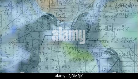 Image of mathematical equations over model in classroom Stock Photo - Alamy