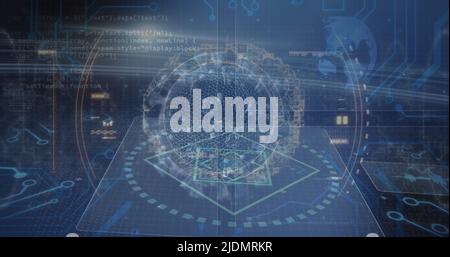 Image of scope scanning and virus cell over data processing Stock Photo