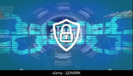 Image of connections, block chain and digital shield with padlock on blue background Stock Photo