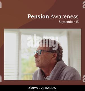 Digital composite image of thoughtful caucasian senior man looking away, pension awareness text Stock Photo
