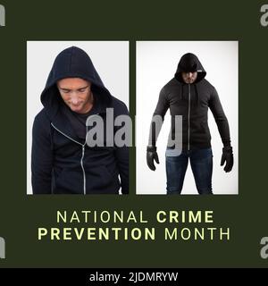 Collage of multiracial burglars wearing black hood and national crime prevention month text Stock Photo