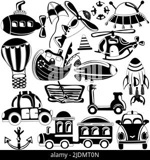 Set black and white of different types of road, air and underwater transport. Car, plane, scooter, spaceship, air ballon, train and more. Vector icon. Stock Vector