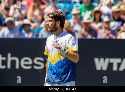 Devonshire Park, Eastbourne, UK. 22nd June, 2022. Eastbourne International Lawn Tennis Tournament; Cameron Norrie (GBR) shows emotion in the match against Brandon Nakashima (USA) Credit: Action Plus Sports/Alamy Live News Stock Photo