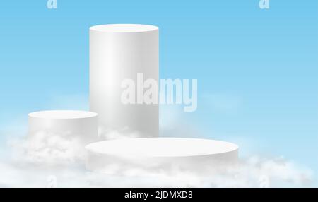 Podium sky. Minimalistic background with white podiums in the clouds. 3d realistic pedestals product for product demonstration and sky clouds Stock Vector