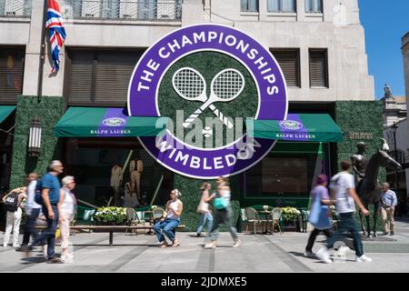 General view of the Wimbledon tennis championship themed Ralph Lauren flagship store, on New Bond Street, London. Picture date: Wednesday June 22, 2022. Stock Photo