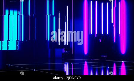 a futuristic background with neon glowing cubes (3d rendering) Stock Photo