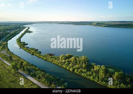 Aerial view of fish hetching pond with blue water in aquacultural area Stock Photo