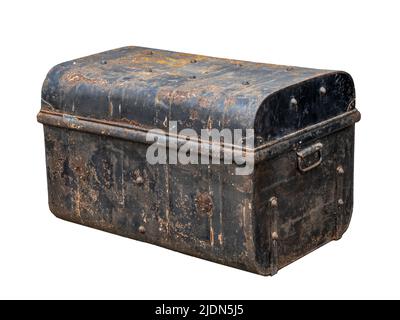 Old metal trunk, coffer isolated on white background. Rusty. Stock Photo