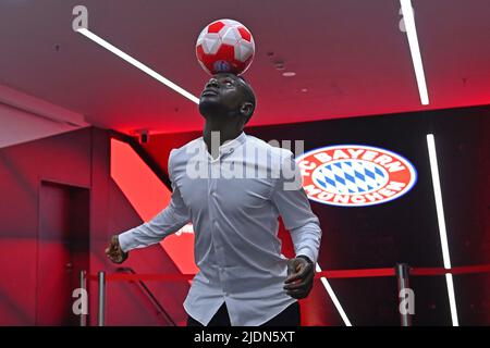 Munich, Germany, 22/06/2022, Sadio MANE juggles the ball. Official performance, presentation Sadio MANE (FC Bayern Munich). Soccer 1. Bundesliga, season 2022/2023, on January 7th, 2020 in the press club of the Allianz Arena. Stock Photo
