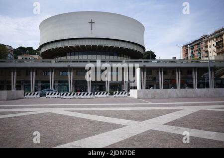 La Spezia, Italy - April, 2022: View from Piazza Europa square to church called Cathedral of Christ King or Cattedrale di Cristo Re in Italian. Round Stock Photo