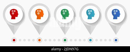 Head concept vector icons, editable infographic template, set of colorful flat design pointers Stock Vector