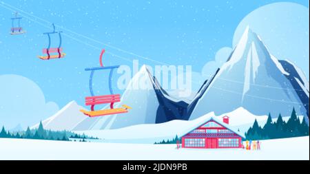 Winter ski resort composition with chalet and ski lift symbols flat vector illustration Stock Vector