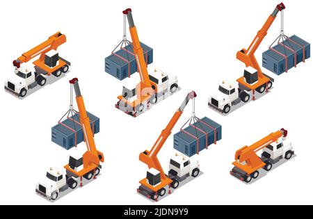 Set of isolated modular frame building isometric icons with images of trucks with cranes and containers vector illustration Stock Vector