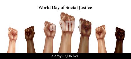 World day of social justice realistic composition with different race human fists raised in protest vector illustration