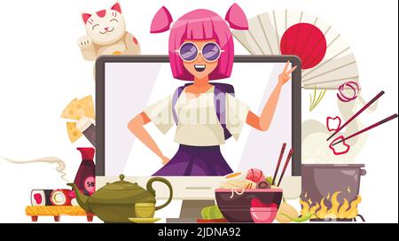 Japan composition with computer screen and anime girl surrounded by tea sets sushi and kawaii cats vector illustration Stock Vector