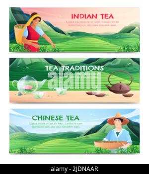 Natural tea production horizontal banners with chinese and indian varieties and tea traditions color backgrounds flat vector illustration Stock Vector
