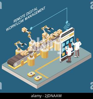 Digitization in manufacturing isometric 3d concept with factory employees controlling robotic arms and conveyor vector illustration Stock Vector