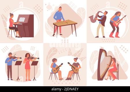 Set of six square learning music compositions with flat doodle characters of people playing musical instruments vector illustration Stock Vector