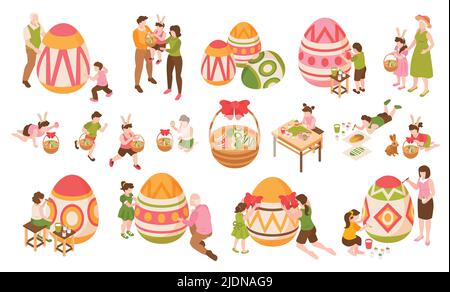 Easter isometric color icons set of children painting big eggs together with their parents and grandparents isolated vector illustration Stock Vector