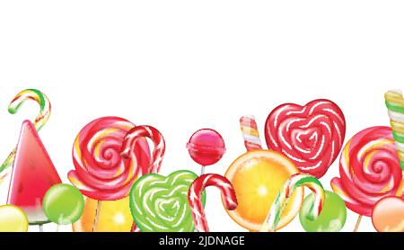 Candies citrus wheels spiral caramel flowers canes lollipops realistic seamless border composition white background vector illustration Stock Vector
