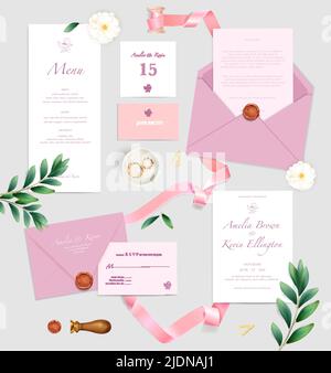 Wedding celebration announcement invitation place cards menu rings pink envelopes ribbons top view realistic set vector illustration Stock Vector