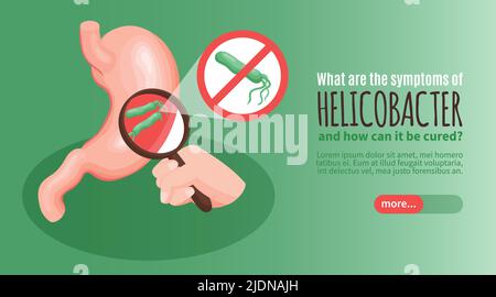 Isometric gastroenterology helicobacter horizontal banner with what are the symptoms of helicobacter and how can it be cured headline vector illustrat Stock Vector