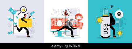 Flat design concept with hacker hacked computer usb credit card isolated vector illustration Stock Vector