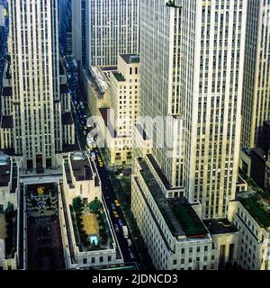 New York 1980s, midtown skyscrapers around Rockefeller Center, Manhattan midtown, New York City, NYC, NY, USA, Stock Photo