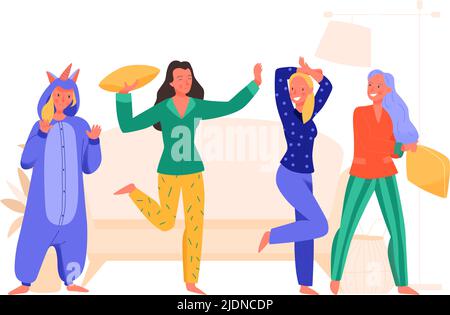 Cheerful women having fun at pyjamas party at home flat vector illustration Stock Vector