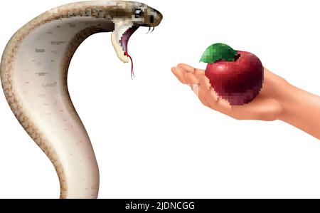 Snake and apple realistic composition with isolated images of hissing cobra and human hand holding fruit vector illustration Stock Vector