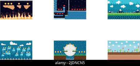 Colored videogame scenary with flames and golden coins Vector Stock Vector