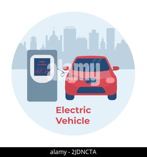 Vector illustration Electric vehicle charging stations Electric car. Green energy. New transport eco technologies. ECO friendly. Ecology. Environmenta Stock Vector