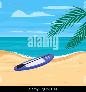 Vector illustration Stand up paddle board. SUP. Sea background. Beach vacation, travel concept. Summer. Sea coast. Marine. Sand. Stock Vector