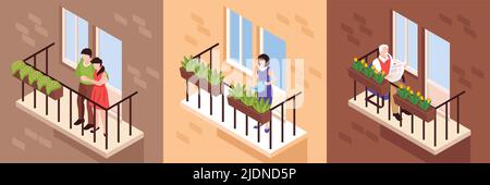 Neighbors square icons set with windows symbols isometric isolated vector illustration Stock Vector