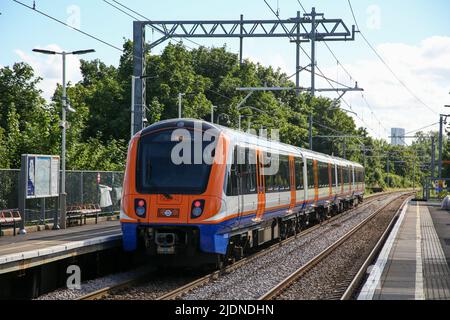 A London Overground train travelling from Gospel Oak to Barking. Stock Photo