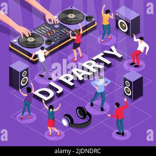 Isometric dj flowchart composition with characters of dancers icons of loudspeakers and hands of disk jockey vector illustration Stock Vector