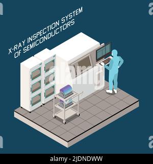 Semiconductor chip production isometric composition with text and factory appliance image with worker in chemical suit vector illustration Stock Vector