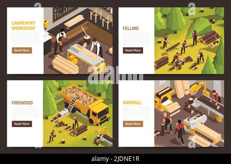 Isometric horizontal banners set with lumberjacks working in forest carpentry workshop sawmill 3d isolated vector illustration Stock Vector
