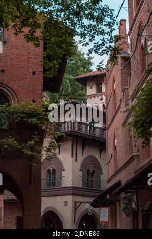Parco del Valentino, Borgo Medioevale, Torino, italy, may 2022. Detail of the historic brick buildings in this hidden part of this nice italian city Stock Photo